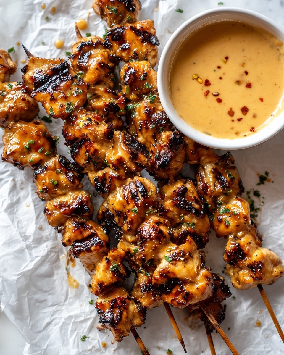 Several grilled chicken skewers lay stacked on crumpled parchment paper over a white marbled surface. The chicken pieces are thick, golden-brown with char marks, and coated in a glossy, slightly creamy sauce that glistens under the light. Small green herb bits are scattered on top, adding a touch of color. To the left side, there is a small white bowl filled with a light orange, creamy dipping sauce speckled with tiny red flakes, enhancing the appeal of the dish. photo taken with an iphone --ar 4:5 --v 7