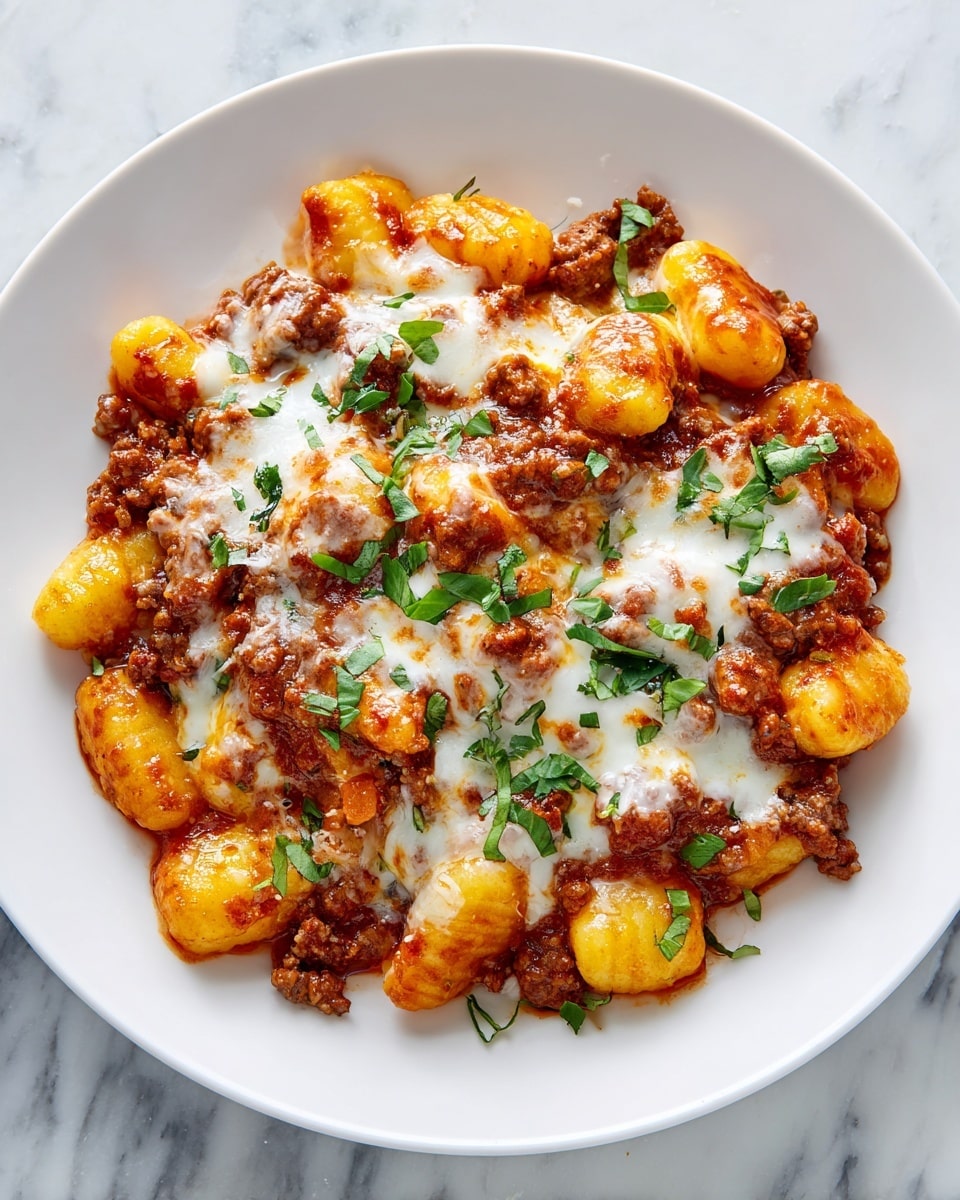 The image shows a close-up of a dish with two main layers: the bottom layer is made of small, golden-brown gnocchi pieces with a soft texture and the top layer is a mix of melted white cheese that covers a rich, dark reddish-brown tomato sauce with visible bits of meat and herbs. The dish is sprinkled with chopped green herbs that add a fresh touch of color. It is served in a white plate placed on a white marbled surface. photo taken with an iphone --ar 4:5 --v 7
