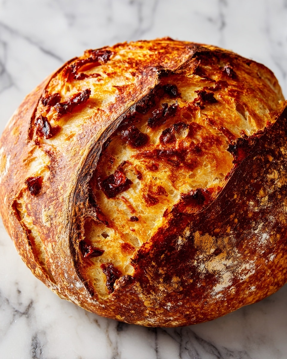 A close-up of a freshly baked loaf of bread resting on a white marbled surface. The bread has a golden-brown crust with deep cracks revealing a fluffy, soft interior. Swirled inside the loaf are visible layers of dark red sun-dried tomato pieces, evenly spread throughout its light beige dough. The crust shows a mix of smooth and rough textures, with some parts slightly darker from baking, giving it a rustic and artisanal look. Photo taken with an iphone --ar 4:5 --v 7