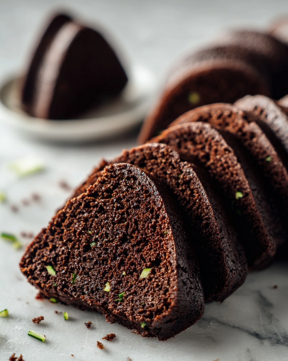 The image shows a close-up view of a chocolate bundt cake with a rich, dark brown color and a slightly rough texture. One slice is cut and placed in front, revealing the moist inside with small bits of green, likely zucchini, spread within. The bundt cake has evenly spaced ridges on its curved surface, and crumbs are scattered around the base. In the background, another slice sits on a white plate with the same white marbled surface beneath everything. photo taken with an iphone --ar 4:5 --v 7