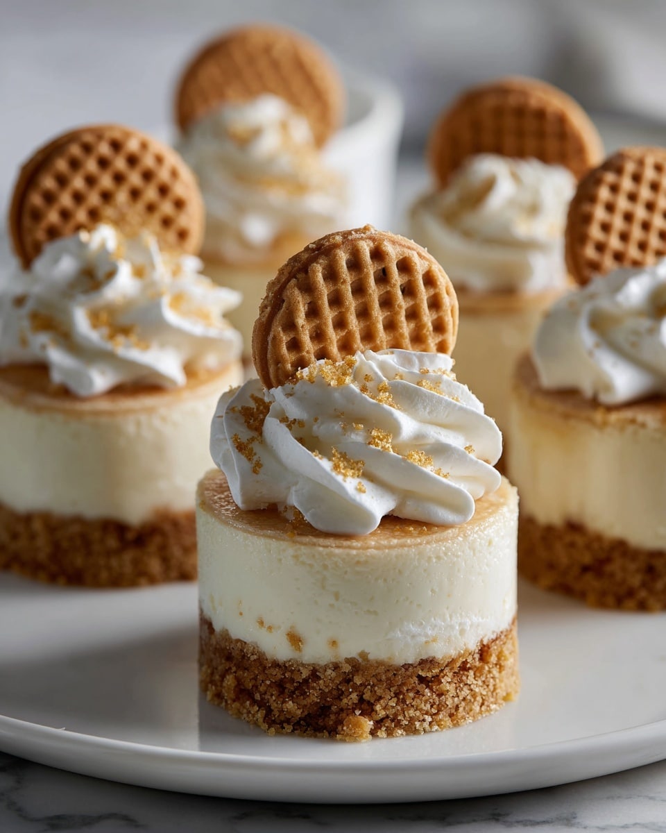 The image shows small round cheesecakes with two main layers on a white plate set on a white marbled surface. The bottom layer is a crumbly golden-brown crust, rough in texture and about half the height of the cheesecake. The top layer is smooth, creamy, and pale beige, making up the other half of the dessert. Each cheesecake is topped with a swirl of white whipped cream sprinkled with small brown crumbs. A mini round cookie with a waffle pattern is placed standing upright in the whipped cream on each cheesecake. Crumbs are scattered lightly around the base on the plate. Photo taken with an iphone --ar 4:5 --v 7
