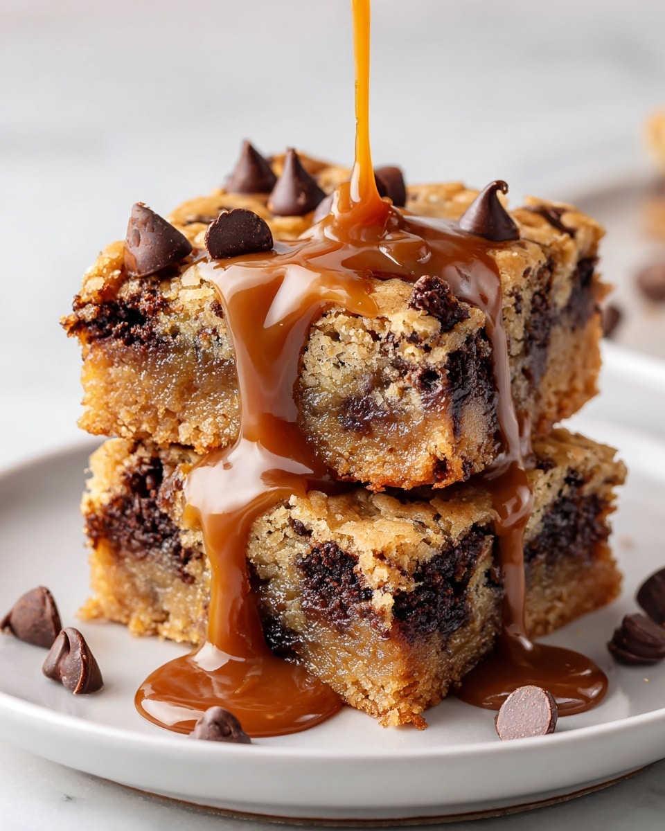 Two thick square pieces of chocolate chip cookie bars are stacked on a white plate, set on a white marbled surface. The bars are golden brown with a dense texture and scattered dark chocolate chips inside each layer. A rich caramel sauce is pouring down from the top piece, dripping over the edges and pooling onto the plate below. On top of the top cookie bar, several chocolate chips are sprinkled, adding depth and contrast to the warm tones. Photo taken with an iphone --ar 4:5 --v 7