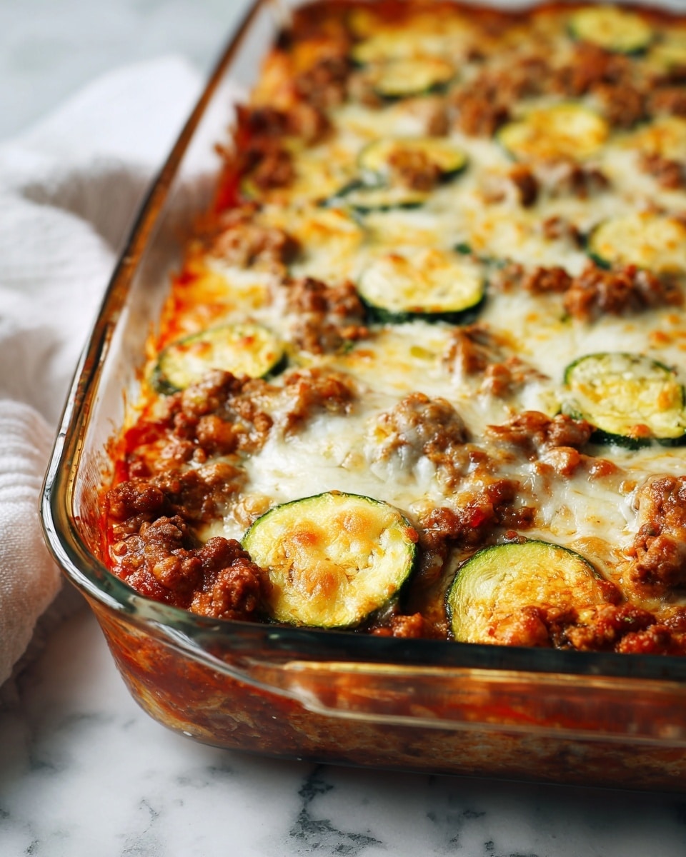A baked casserole in a clear glass dish filled with multiple layers that include a base of red tomato sauce visible at the sides, topped with cooked ground meat chunks spreading throughout, and slices of green zucchini scattered evenly on top. Melted cheese with white and yellow color covers the dish in a bubbly texture, mixed with some herbs sprinkled over, giving a rich and hearty look. The dish rests on a white marbled surface with a piece of white cloth with green stripes beside it. Photo taken with an iphone --ar 4:5 --v 7