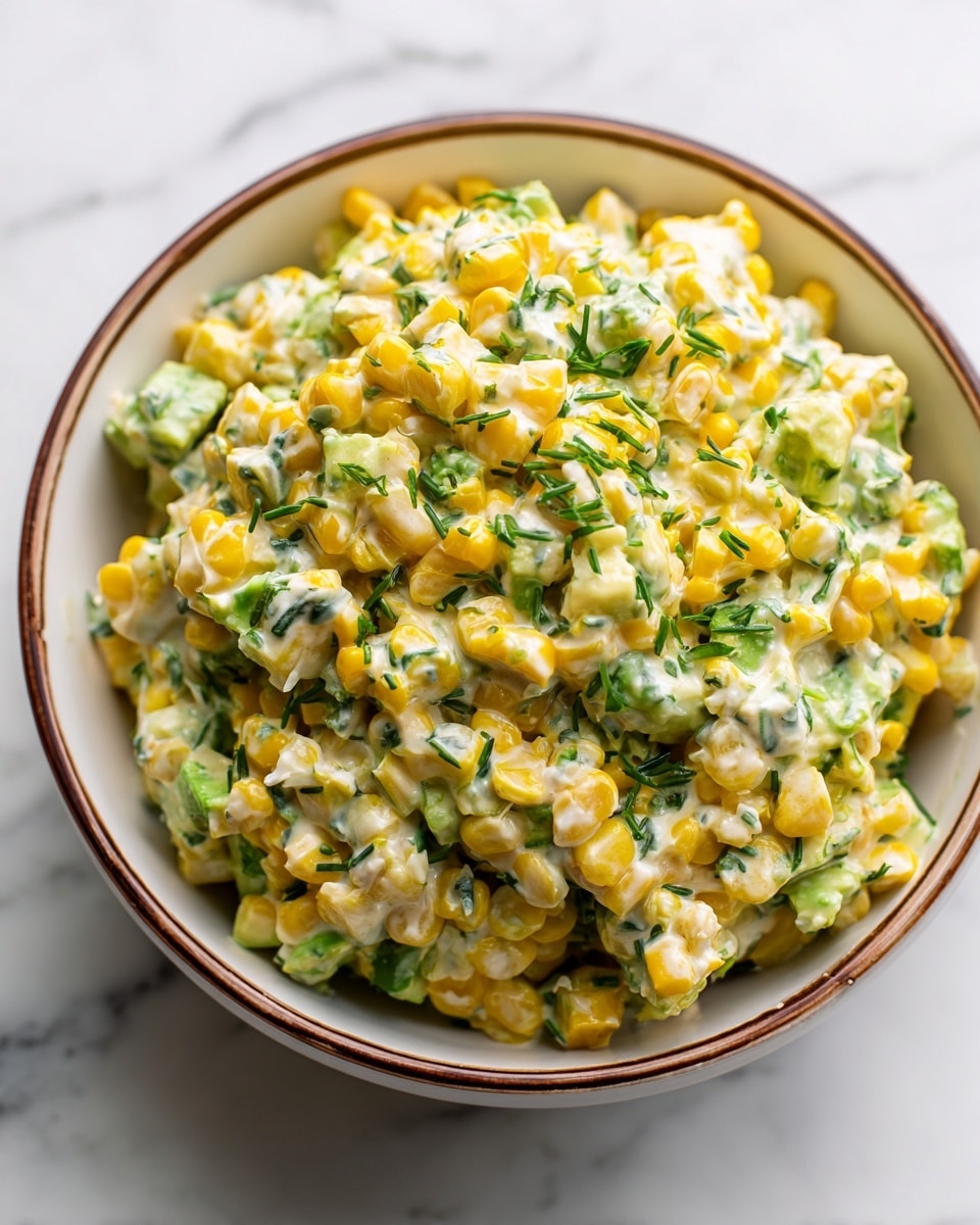 A close-up view of a creamy corn salad served in a white bowl with a thin brown rim. The salad consists of three main layers mixed together: bright yellow corn kernels, pale green chunks of avocado, and bits of dark green leafy herbs. These ingredients are coated in a thick, white creamy dressing that lightly covers each piece. The chunky texture of the avocado and the round shapes of the corn create a mix of soft and firm elements, with small dark green herb pieces scattered evenly throughout. The bowl sits on a surface with a white marbled texture. photo taken with an iphone --ar 4:5 --v 7