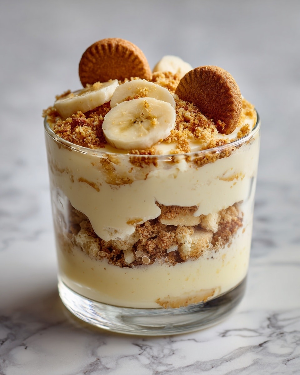 The image shows a clear glass cup filled with layers of creamy dessert, starting with a smooth pale yellow layer at the bottom. Above it is a crumbly light brown layer that looks crunchy. There are visible banana slices, pale yellow with soft texture, placed on top near the edge. Two small round light brown cookies sit on one side next to the banana slices. The top is sprinkled with small crumbs and cookie pieces, adding texture. The cup is placed on a white marbled surface, and there is a woman's hand holding the cup. Photo taken with an iphone --ar 4:5 --v 7
