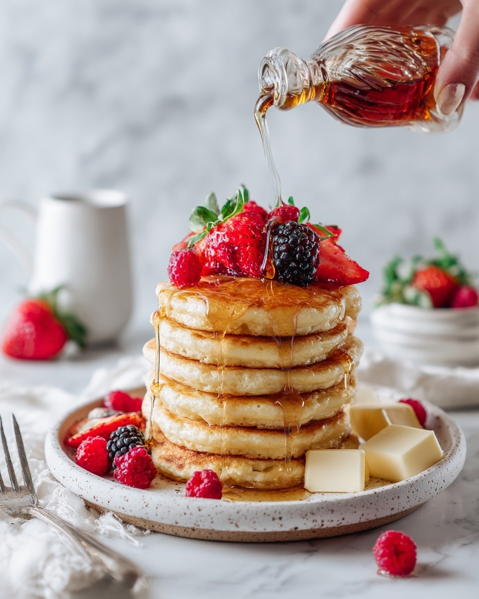 A stack of seven thick, golden-brown pancakes sits on a white speckled plate on a white marbled surface. The pancakes are topped with bright red raspberries and strawberries sliced in half, along with dark blackberries, creating a colorful fruit layer. A woman's hand pours golden syrup from a small clear glass bottle, the syrup slowly flowing down the sides of the pancakes, adding a shiny texture. Around the plate, there are scattered raspberries, blackberries, and strawberry pieces. In the background, a white cup and a small glass container with more syrup are softly visible against a white marbled texture. photo taken with an iphone --ar 4:5 --v 7