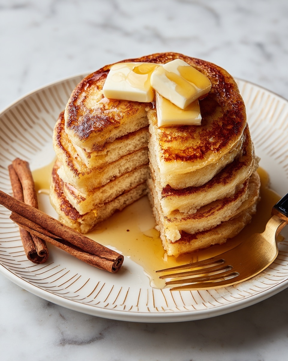 A stack of five thick, golden-brown pancakes sits on a white plate with delicate radial lines. The pancakes have a fluffy texture with some small air holes visible along the edges. On top, there are two square slices of pale yellow butter melting slowly, with honey or syrup dripping down the sides, pooling slightly at the base. To the left, two cinnamon sticks rest on the plate, while a gold-tipped fork lies on the right side of the plate. The scene is set on a white marbled surface, adding a clean, elegant touch. photo taken with an iphone --ar 4:5 --v 7
