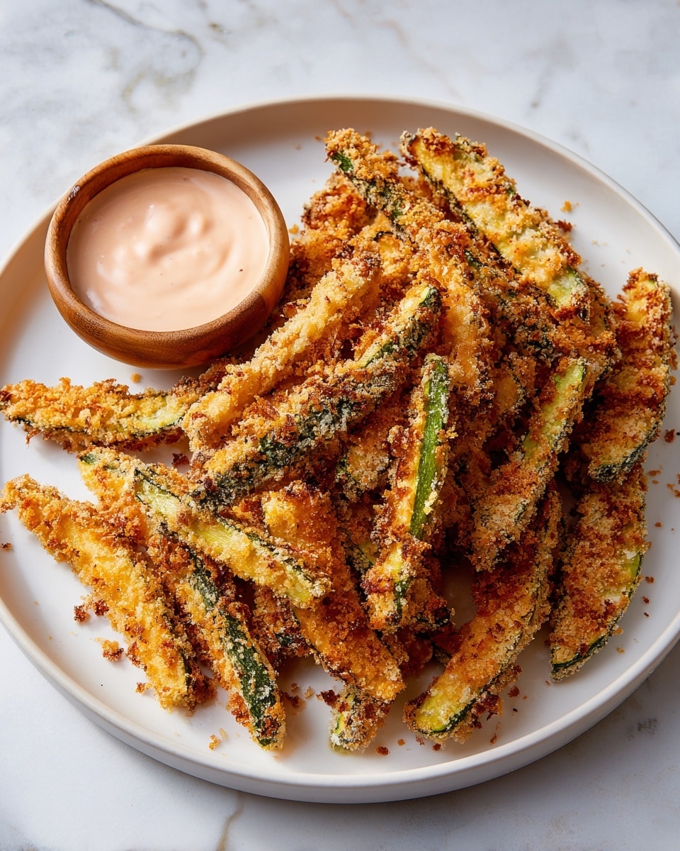 A pile of golden-brown fried zucchini sticks with a crispy, crumbly texture stands tall in the center of a white plate, each stick showing uneven crunchy coating with browned edges. The zucchini green skin peeks from under the crust in some places, creating a contrast with the yellow-golden fried layers. On the left side of the plate sits a small round bowl filled with a smooth, pale pink dipping sauce. The plate is placed on a white marbled texture. photo taken with an iphone --ar 4:5 --v 7
