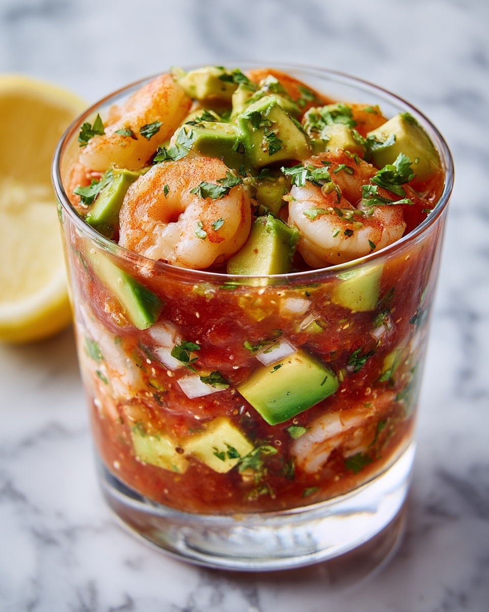 A clear glass filled with a layered shrimp cocktail featuring plump, pink shrimp mixed with diced bright green avocado chunks and small red tomato pieces, all coated in a shiny, red tomato-based sauce with specks of fresh green herbs distributed evenly throughout. The shrimp are curled and glossy, sitting on top and throughout the mixture, giving texture and depth. The background is a white marbled texture with a blurred lemon wedge visible at the edge. Photo taken with an iphone --ar 4:5 --v 7