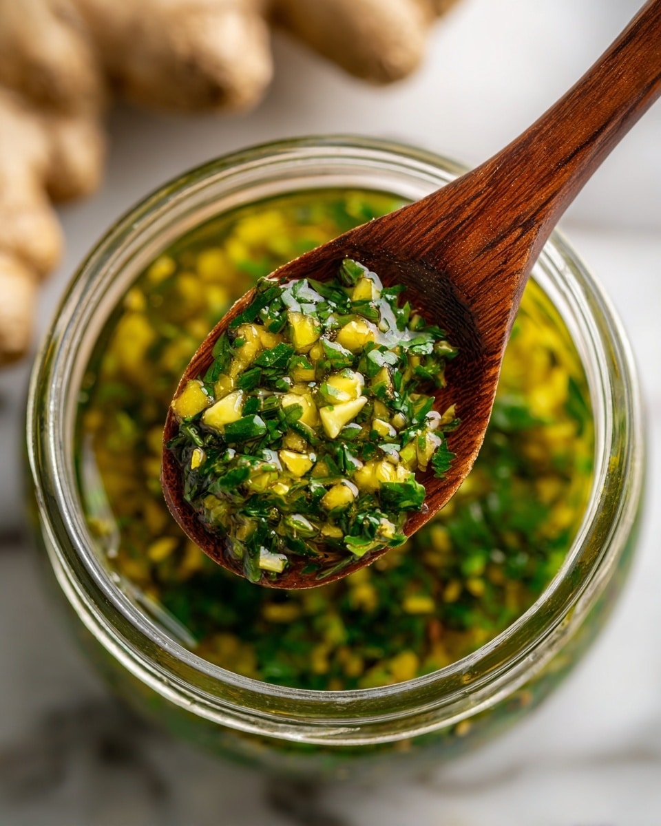 A close-up image shows a clear glass jar filled with a mixture of finely chopped green onions and light yellow ginger pieces soaking in clear liquid. A wooden spoon with a smooth finish lifts part of this vibrant, textured mixture from the jar, highlighting the small, fresh, green and yellow pieces. The background is a soft focus white marbled texture, giving a clean and bright look. In the background, some blurred ginger root is visible. Photo taken with an iphone --ar 4:5 --v 7