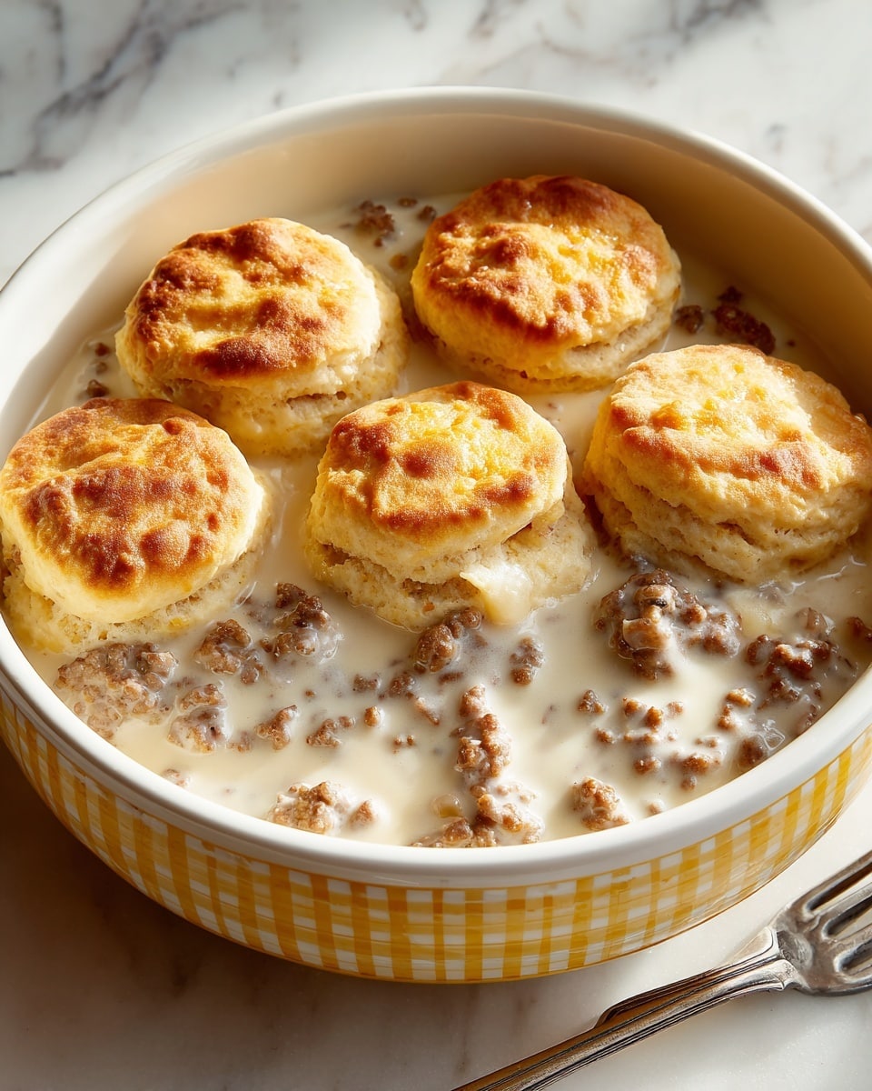 A white plate with a yellow checkered pattern holds six fluffy biscuits with a golden brown top layer, sitting on a thick, creamy white gravy mixed with small bits of browned sausage. The biscuit texture looks light and airy, with some small holes on the surface. A silver fork is partly pushed under one biscuit, resting at the edge of the plate. The setting has a warm wooden table underneath, but the background is replaced with a white marbled texture. photo taken with an iphone --ar 4:5 --v 7