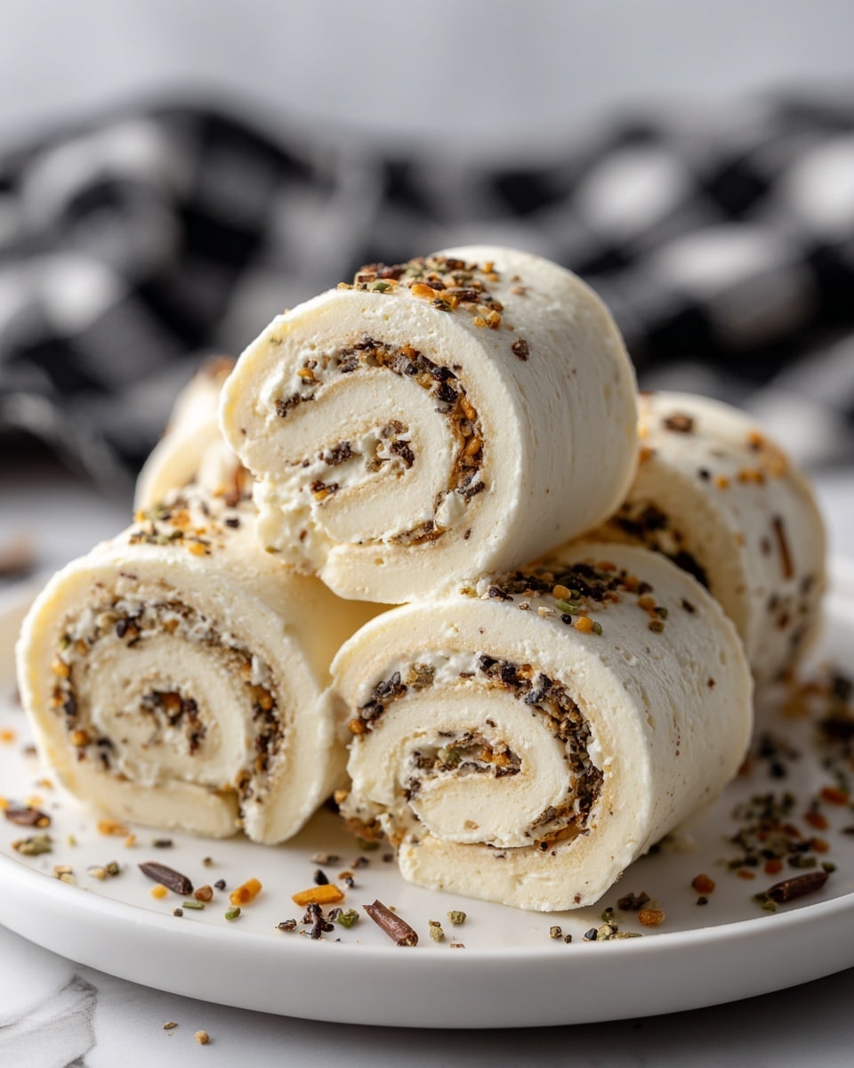 The image shows a stack of six soft, golden-brown rolls on a white plate set on a white marbled surface. Each roll has two visible layers: an outer light golden-brown layer with a slightly crispy texture, and an inner creamy white layer that looks smooth and thick. The rolls are garnished with small black and white seeds and some crunchy bits sprinkled on top and around them. The rolls are arranged close together with one roll balancing on top in the center, showing both the crispy outer side and the creamy swirl inside. Photo taken with an iphone --ar 4:5 --v 7