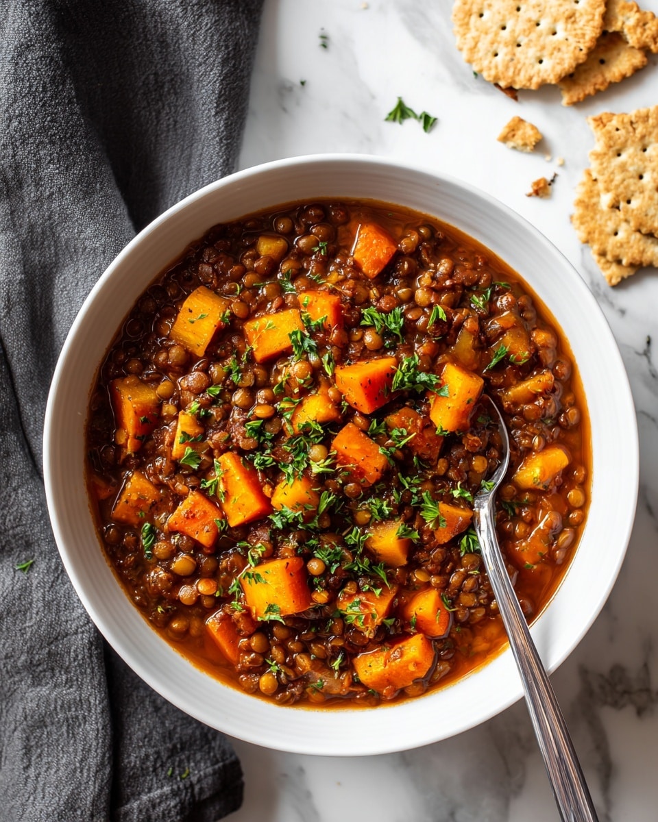 A white shallow bowl filled with rich, chunky lentil stew in three layers: a thick, dark orange-brown broth base, medium-sized orange carrot chunks, and small green parsley sprigs on top for garnish; a silver spoon rests inside the bowl slightly angled to the right; the bowl is placed on a white marbled surface with a dark grey cloth to the left and scattered round tan crackers on the right, some with crumbs around them. photo taken with an iphone --ar 4:5 --v 7