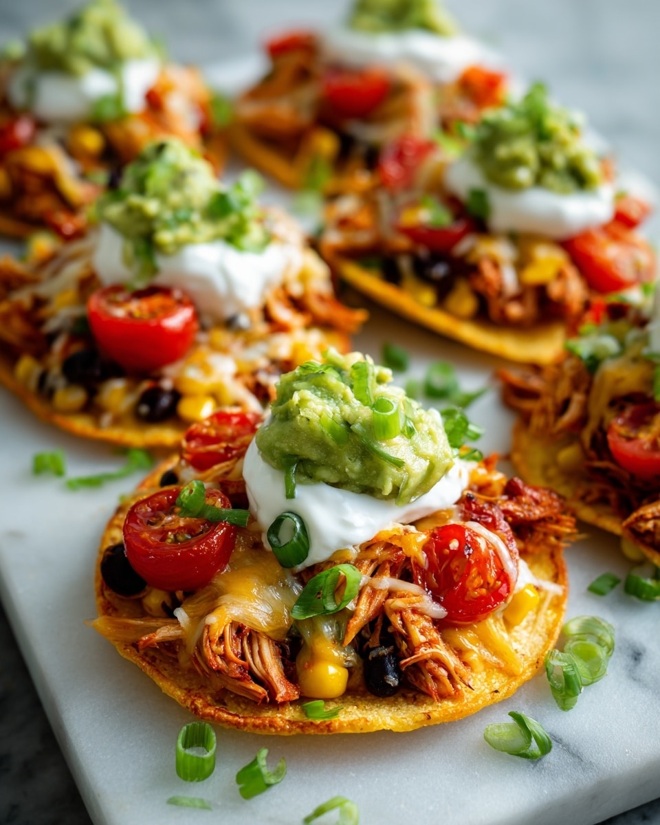 The image shows small round tostadas each with four main layers: a thin crispy golden base, a layer of shredded chicken mixed with melted yellow cheese and black beans, topped with bright red halved cherry tomatoes, then a dollop of green guacamole and white sour cream, sprinkled with chopped green onions. The tostadas are arranged closely on a flat black tray, and small pieces of green onion are scattered around. The background is a white marbled texture. photo taken with an iphone --ar 4:5 --v 7