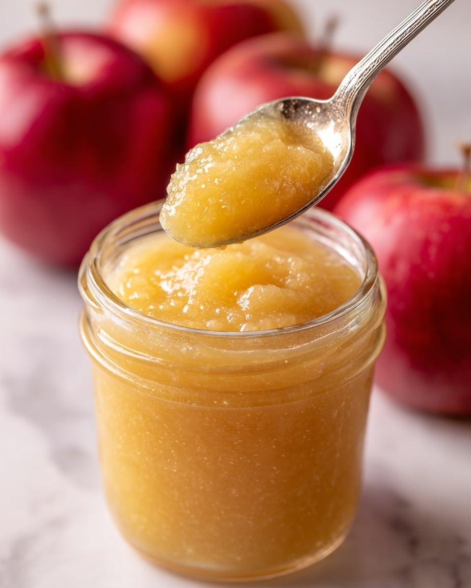 A clear glass jar filled with smooth, chunky applesauce showing a warm golden-brown color with small bits of apple visible. A silver spoon is dipped into the applesauce, scooping some up, reflecting light and showing texture with tiny spices speckled throughout. Around the jar, three bright red apples with smooth skin are placed on a white marbled surface, adding fresh color contrast. Soft folds of a light-colored cloth are seen faintly blurred in the background. Photo taken with an iphone --ar 4:5 --v 7
