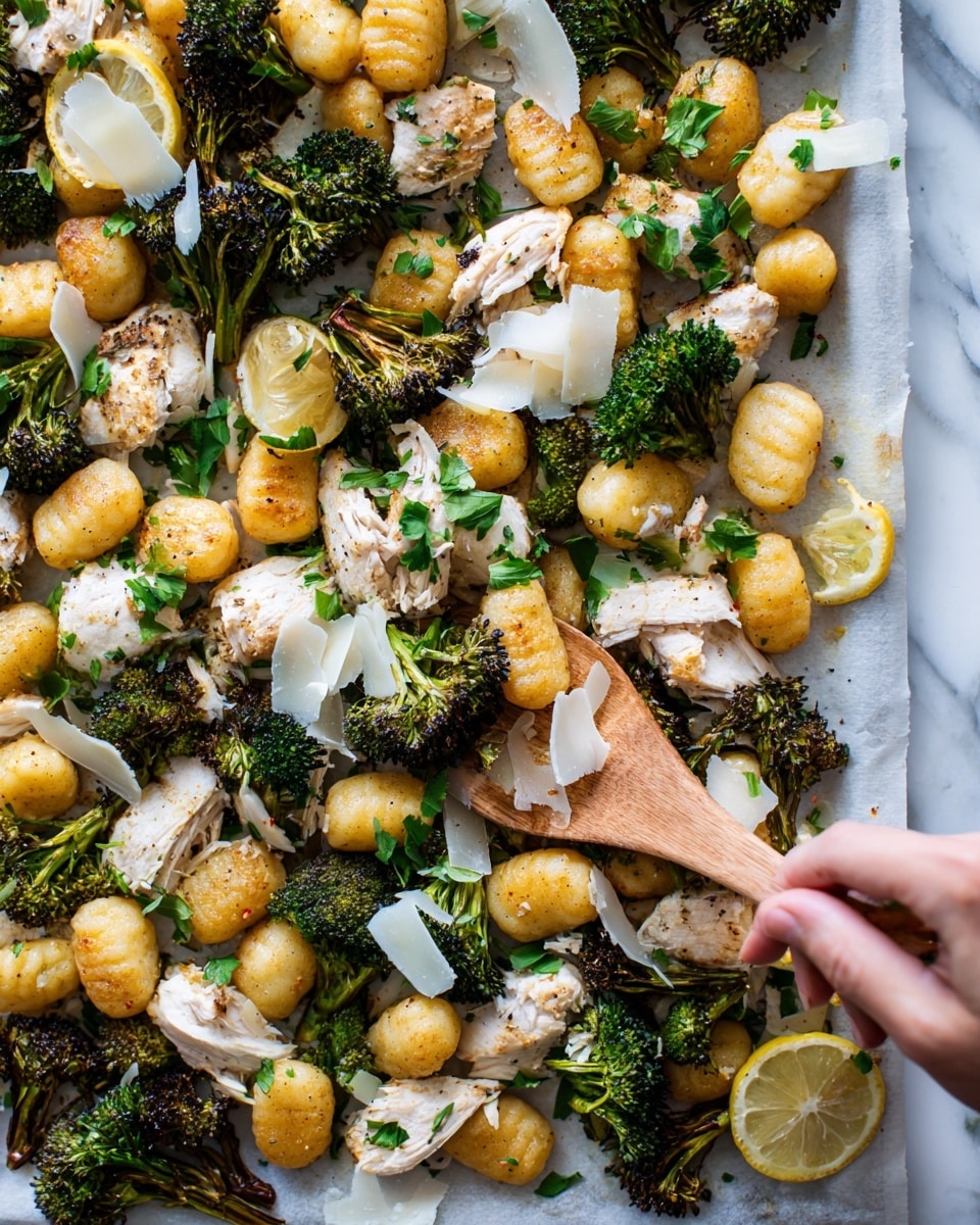 The image shows a white tray filled with three main layers: the base layer is golden gnocchi with a soft texture, the middle layer is roasted broccoli florets with some charred edges creating a dark green and brown mix, and the top layer is chunks of cooked chicken breast in light beige with some seasoning, garnished with shaved white cheese and fresh green parsley pieces scattered over the dish. Thin lemon slices are placed on top adding a bright yellow accent. A woman's hand holding a wooden spoon is scooping some of the food, and nearby there is a white plate with more lemon slices, all set on a white marbled surface. Photo taken with an iphone --ar 4:5 --v 7