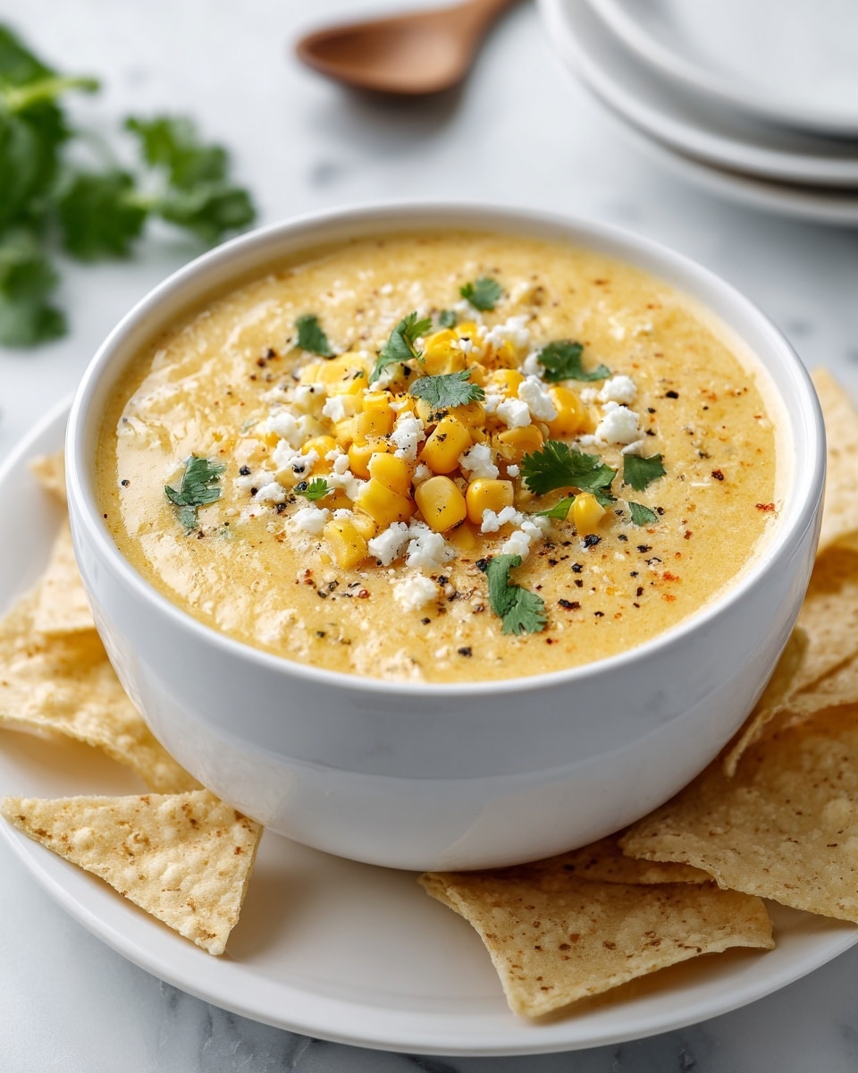 A white bowl filled with thick, creamy pale yellow soup forms the base layer. On top, scattered small pieces of crispy reddish-brown bacon add texture. Bright orange shredded cheddar cheese is spread across the surface, giving a vivid contrast. Finally, green onion rounds are sprinkled, adding small pops of fresh green color. The bowl rests on a white marbled surface, with a hint of a blue cloth and silver spoon nearby. Photo taken with an iphone --ar 4:5 --v 7