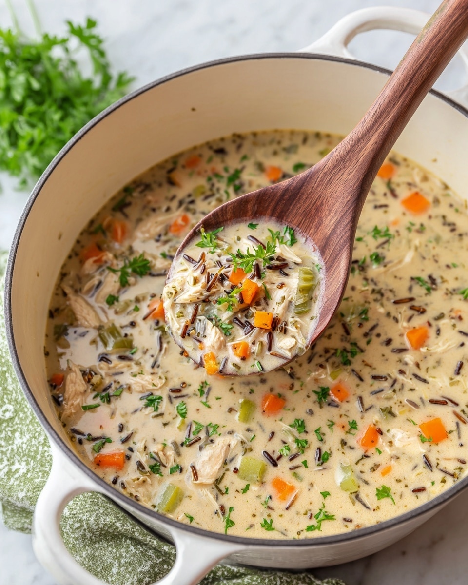 A large white pot filled with creamy soup containing three main visible layers: a thick beige broth with a smooth, slightly chunky texture; ample small cubed orange carrots scattered evenly throughout; and small pieces of white chicken and wild rice mixed in, adding dark and light brown tones for contrast. The soup is garnished with small green parsley leaves on top, adding a fresh pop of color. A wooden spoon is partially submerged, lifting a scoop of the soup, showing the mix of ingredients. The pot rests on a white marbled surface with a green towel and a striped white cloth nearby. photo taken with an iphone --ar 4:5 --v 7