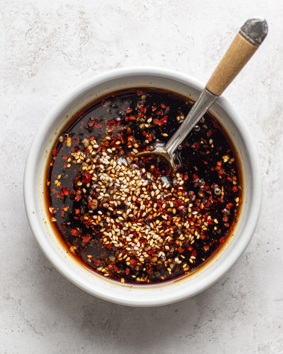 A close-up of a white bowl filled with a dark, rich soy sauce mixture topped with a generous layer of light beige sesame seeds scattered across the surface. There are also small, dark red chili flakes mixed evenly throughout the sauce, adding texture and color contrast. A metal spoon with a light wooden handle is dipped into the sauce, partially submerged, angled slightly to the side. The bowl sits on a white marbled surface, highlighting the deep color of the sauce. photo taken with an iphone --ar 4:5 --v 7