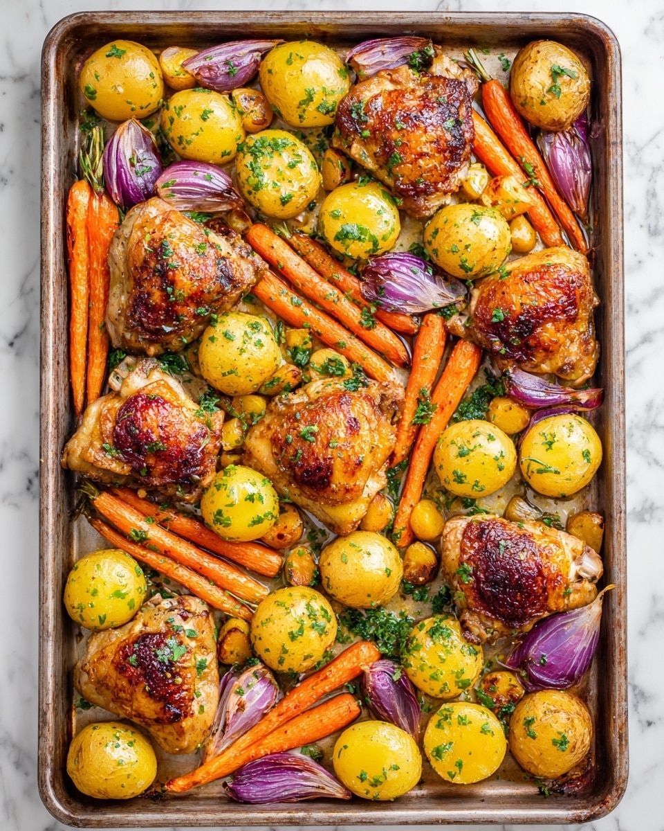 A tray full of golden brown roasted chicken thighs with crispy skin sits next to bright orange whole carrots and halved yellow baby potatoes that have green herb flakes on top. Among them are small purple shallots adding a mix of color. The chicken and vegetables are arranged in rows on a metal baking tray, showing a juicy and well-seasoned texture, all placed on a white marbled surface. photo taken with an iphone --ar 4:5 --v 7