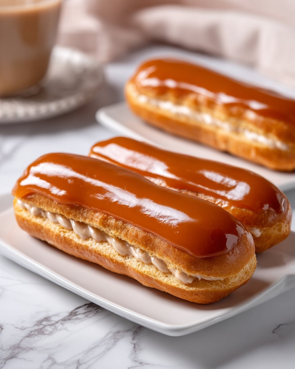 The image shows two white plates on a white marbled surface, each plate holding six caramel-glazed éclairs arranged in two neat rows. Each éclair has a light golden brown pastry base with a smooth, shiny caramel layer on top, covering the entire length of the pastry. In the background, a woman's hand is reaching towards one éclair on the rear plate. The lighting is soft, highlighting the glossy caramel texture. Photo taken with an iphone --ar 4:5 --v 7