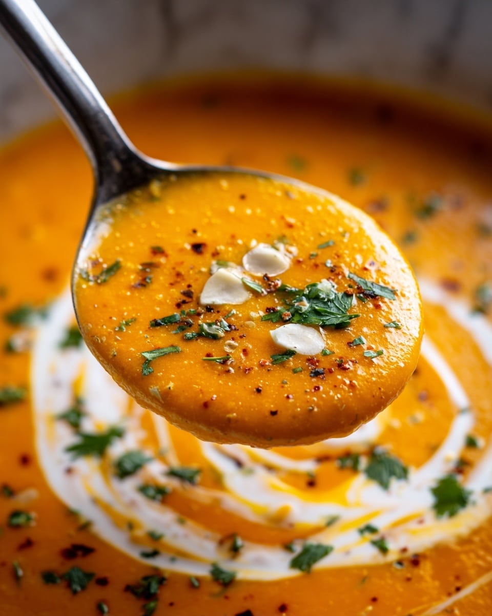 A close-up of a bright orange creamy soup with a thick and smooth texture being lifted by a silver metal ladle. The soup has small chunks of white cheese sprinkled on top along with finely chopped green herbs, and a swirl of white cream adding contrast. The background shows more of the soup in a container, with a soft white marbled texture surface beneath. photo taken with an iphone --ar 4:5 --v 7