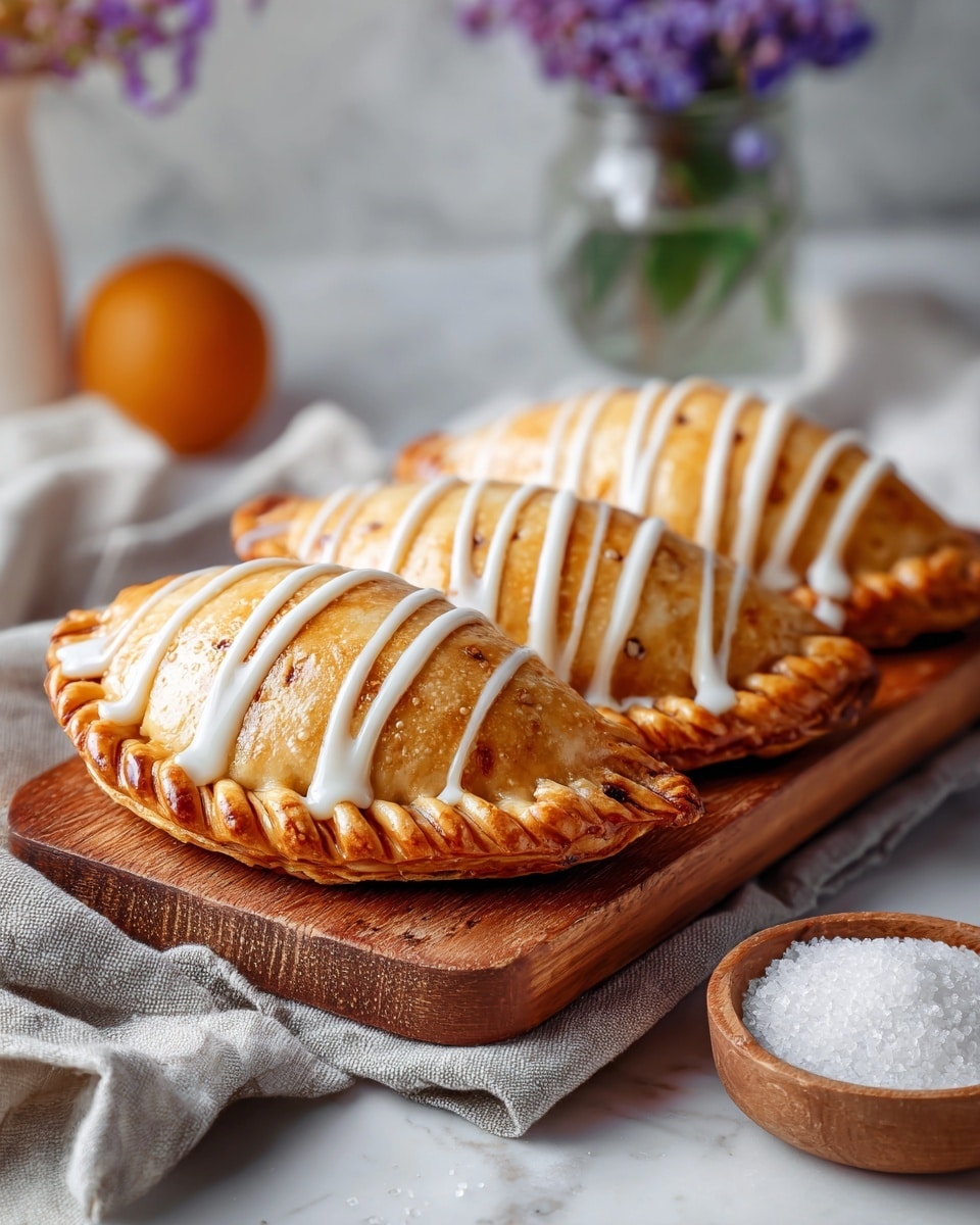 Three golden brown hand pies sit in a row on a small wooden board, each with a flaky crust that has crimped edges. The pies are carefully drizzled with a white icing in thin, even lines across the top. The board rests on a soft beige cloth, set against a white marbled background. A small white square dish filled with granulated sugar is partly visible to the side, adding a clean contrast to the warm tones of the pies. In the back, a blurry glass jar with purple flowers and bright orange fruit creates a fresh and cozy atmosphere. photo taken with an iphone --ar 4:5 --v 7