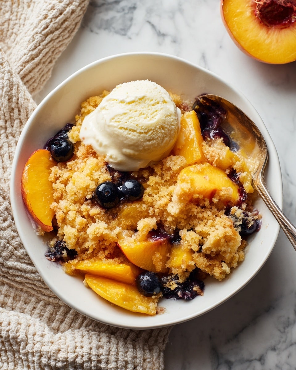 A white bowl holds a dessert with four layers visible: at the bottom is a mix of soft, cooked peach slices in orange-yellow color; on top there are several plump, dark blue blueberries scattered around; next is a crumbly, golden-brown crust layer covering most of the fruit; finally, a large scoop of creamy white vanilla ice cream sits in the center, partially melting over the crust and fruit. The bowl is set on a white marbled surface with a white knitted cloth nearby, and a halved peach with a red pit is blurred in the background. photo taken with an iphone --ar 4:5 --v 7