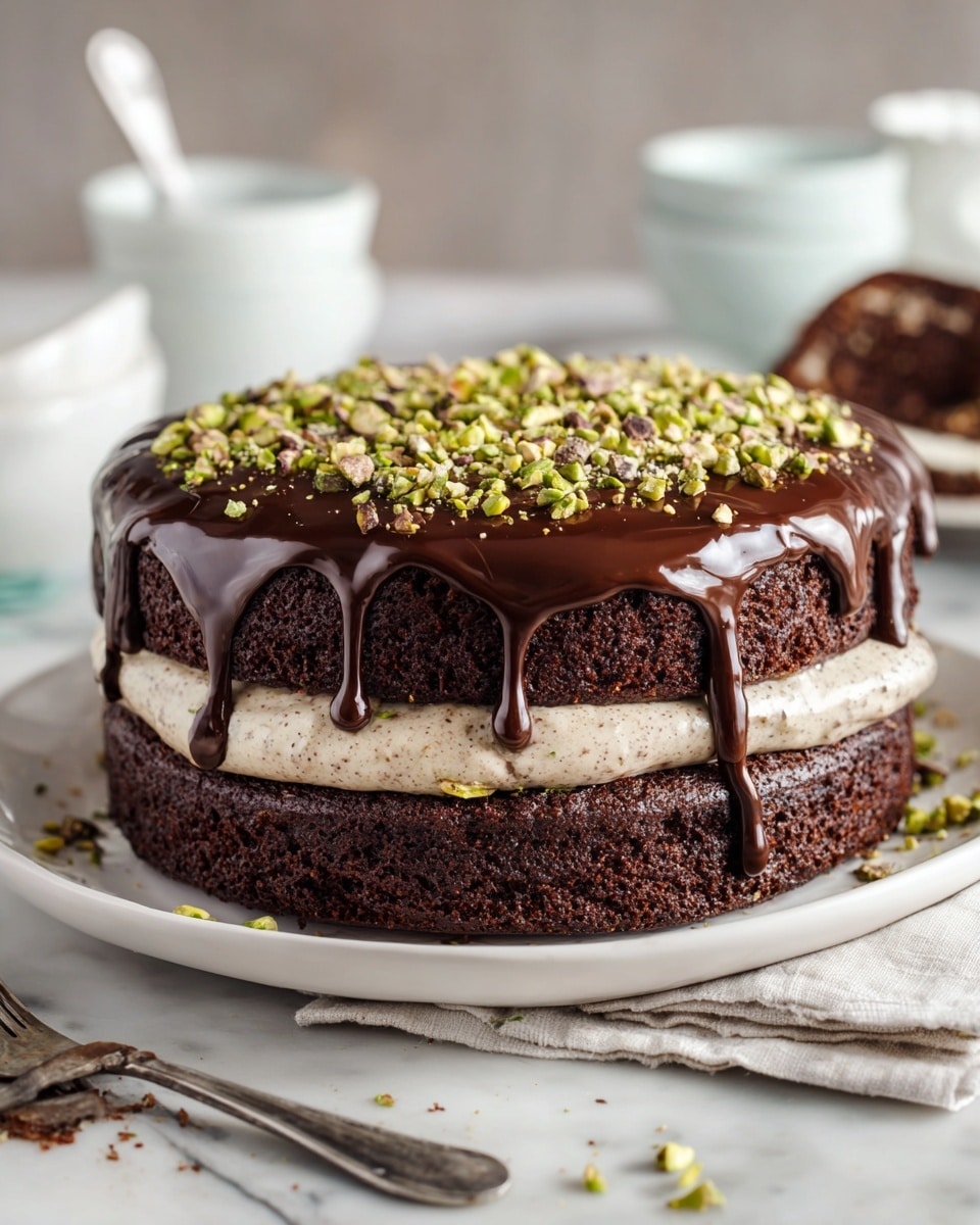 This image shows a two-layer chocolate cake on a white plate. The bottom and top layers are dark brown, moist chocolate sponge. Between them, there is a thick layer of smooth, light brown chocolate cream. The top of the cake is covered with a shiny, dark chocolate glaze that slightly drips over the sides. Small, crushed green pistachio pieces are sprinkled over the glaze, adding texture and color contrast. The cake sits on a white marbled surface, and blurred bowls with green powder and caramel sauce are in the background. photo taken with an iphone --ar 4:5 --v 7