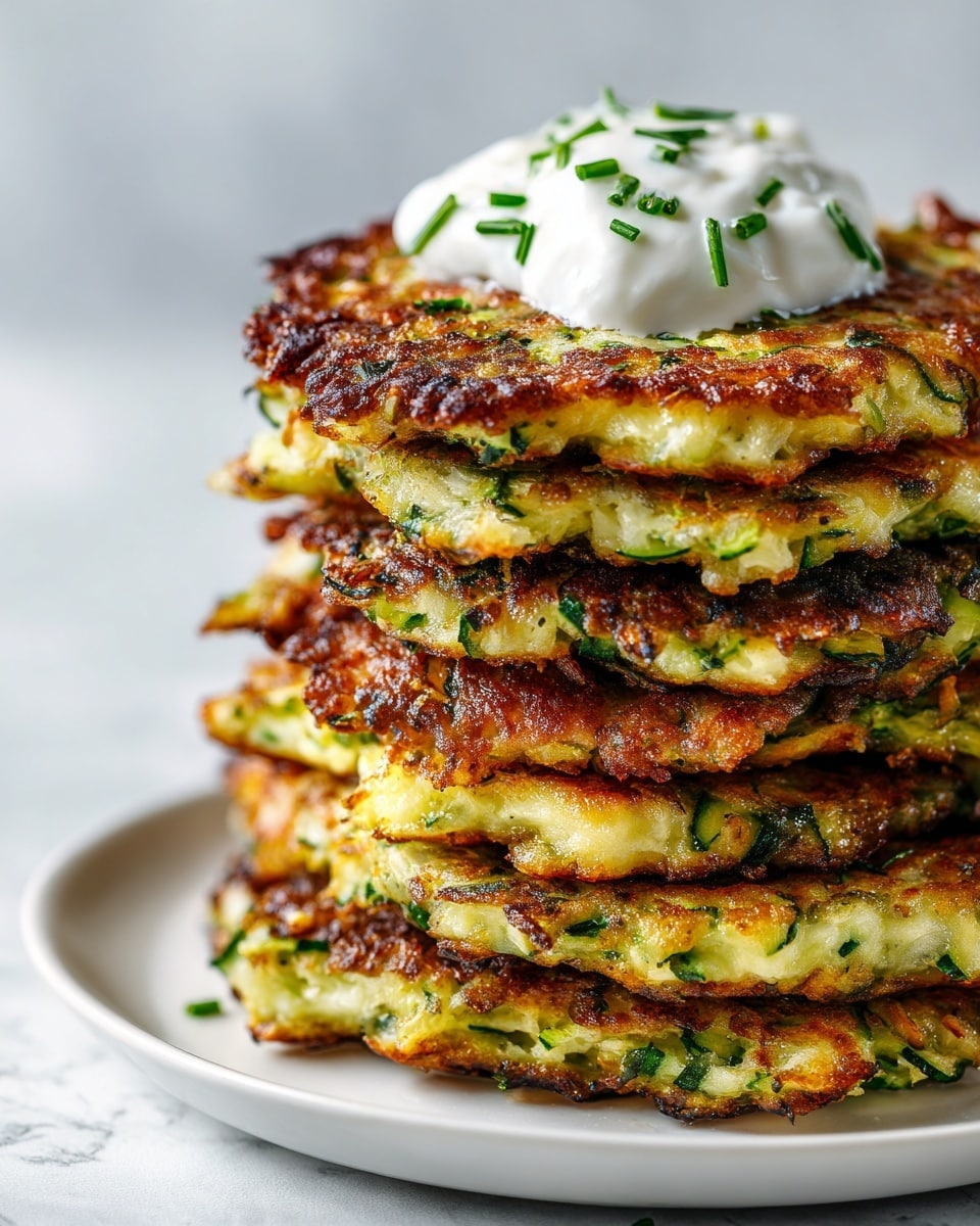 A tall stack of about eight golden-brown zucchini fritters with crispy edges and visible green zucchini shreds rests on a plain white plate, topped with a dollop of white sour cream that is slightly melting and garnished with small green herb leaves. The fritters have a textured surface with charred spots and bits of herbs scattered throughout, showing some layers thicker than others. The background is a soft white marbled texture, enhancing the warm colors of the fritters. Photo taken with an iphone --ar 4:5 --v 7