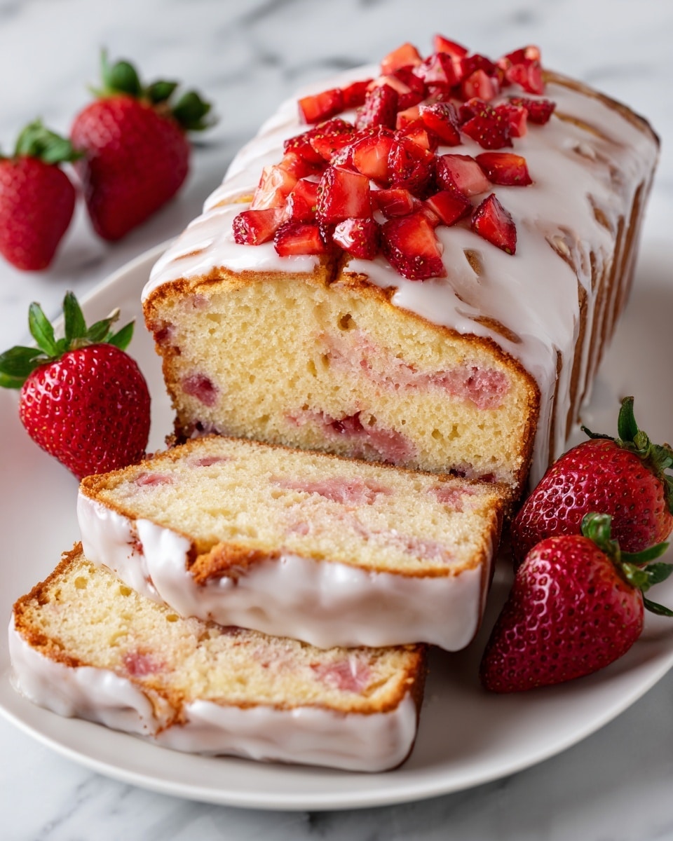 A loaf cake with two visible slices cut in front shows a light golden brown crust with a soft, pale yellow inside mixed with swirls of pink strawberry pieces. The top of the loaf is covered with a thick white glaze that drips slightly down the sides, and it is topped with a pile of bright red chopped strawberries. Around the plate, there are whole red strawberries with green leaves acting as decoration. The cake sits on a white plate placed on a white marbled surface. Photo taken with an iphone --ar 4:5 --v 7