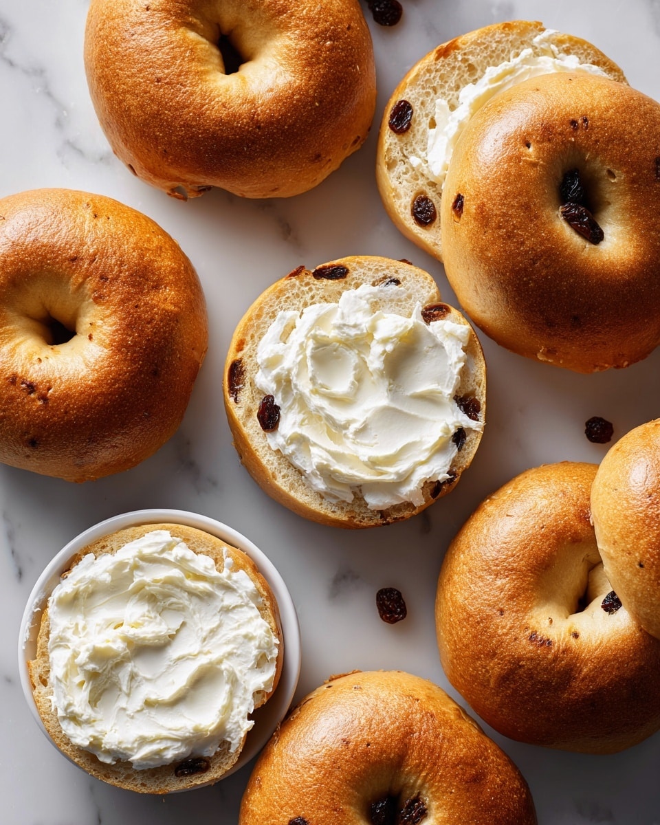 The image shows six golden brown raisin bagels arranged in a circle on a white marbled surface, with two halves in front. One half is plain showing the raisin-studded inside, and the other half is spread with a thick, creamy white layer of cream cheese. In the center of the bagel circle, there is a small white bowl filled with the same creamy spread. The bagels have a smooth, shiny crust with visible raisins on top and inside. photo taken with an iphone --ar 4:5 --v 7