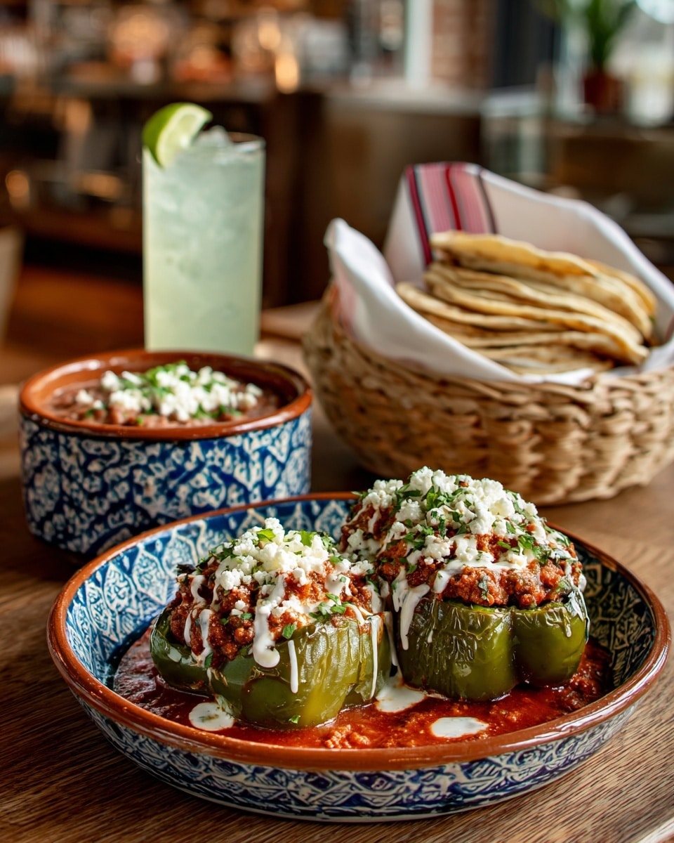 A white and blue patterned plate holds two large green poblano peppers sliced open, each stuffed with cooked ground beef and melted white cheese, topped with a red tomato sauce, drizzled with white cream, and sprinkled with chopped fresh green herbs and crumbly white cheese. The peppers sit on a bed of thick red sauce, covering the bottom of the plate. Behind the main dish is a small round bowl of refried beans topped with green onion and crumbled white cheese. Next to it is a tall glass filled with a creamy white drink garnished with a lime wedge. On both sides, there are white baskets lined with patterned cloths holding stacks of corn tortillas against a blurred kitchen background with warm lighting. The scene is on a wooden table. Photo taken with an iphone --ar 4:5 --v 7