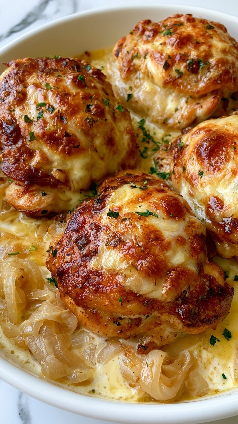 The dish shows four golden-brown chicken thighs with a crispy texture, topped with melted cheese that is slightly browned and glossy. Below the chicken, there is a layer of soft, translucent cooked onions in a creamy, yellow sauce that looks rich and buttery. Sprigs of fresh green herbs are scattered on top, adding a touch of color. The food is served in a white dish, placed on a white marbled surface. Photo taken with an iphone --ar 4:5 --v 7