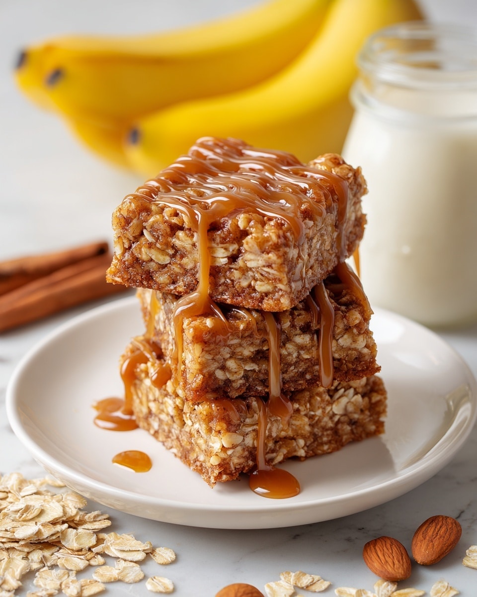 Three square oat bars with a crumbly texture and visible pieces of oats are stacked on a white plate. Each bar is topped with thin, glossy caramel drizzle that shines under the light. The oat bars have a golden-brown color with darker spots showing the cinnamon or spices baked inside. In the background, there are yellow bananas and a glass jar filled with creamy milk. Around the plate, raw oats and some almonds and cinnamon sticks are placed on a table with a white marbled texture. Photo taken with an iphone --ar 4:5 --v 7