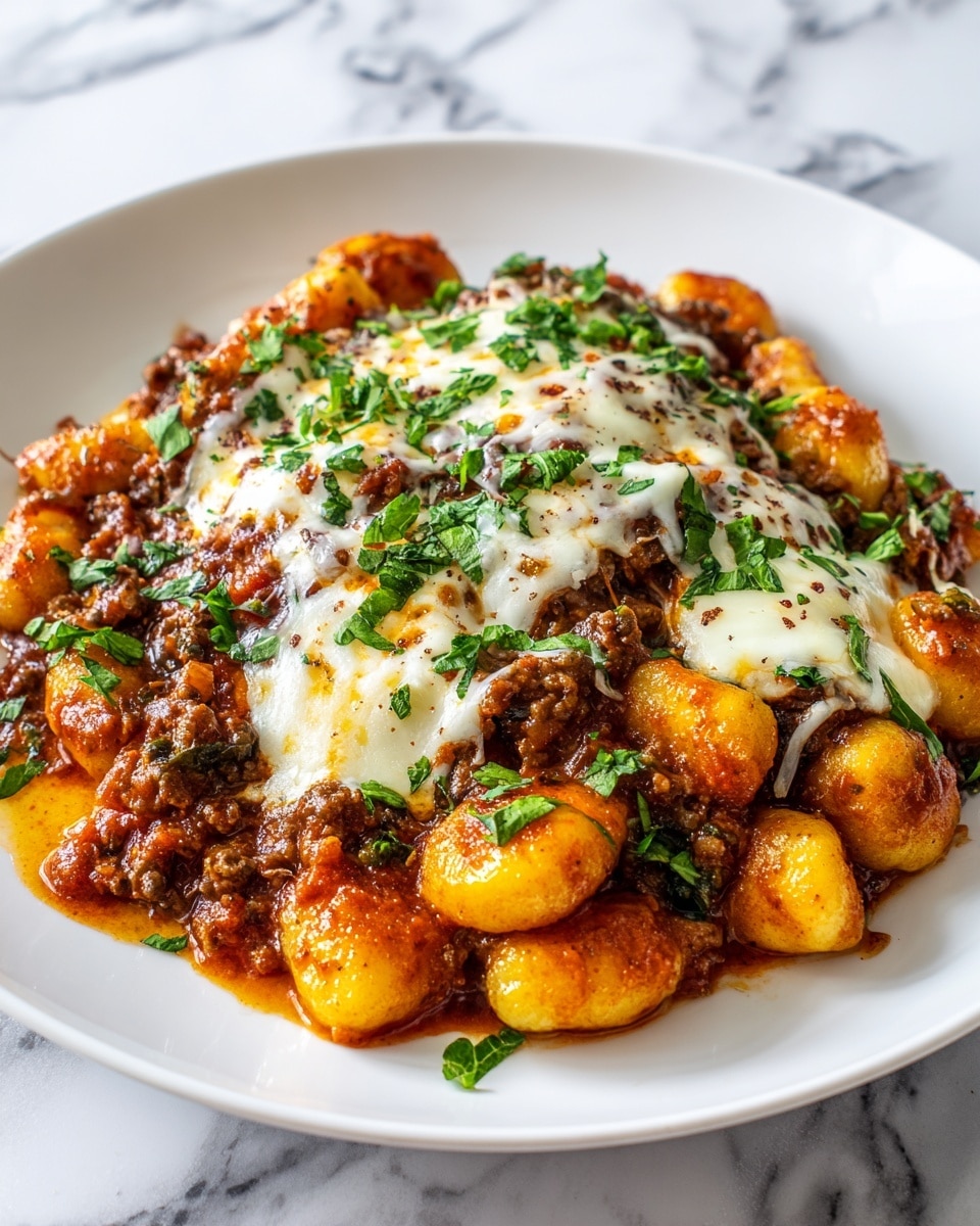 The image shows a white plate filled with golden brown gnocchi covered in a thick, rich tomato sauce mixed with browned ground meat, topped with melted white cheese and sprinkled with fresh green herbs. The gnocchi look soft and slightly crispy on the edges, while the sauce is chunky with visible bits of meat and tomato. The melted cheese creates a creamy texture over the sauce, with small browned spots where it has melted in the heat. The plate is set on a white marbled surface. photo taken with an iphone --ar 4:5 --v 7