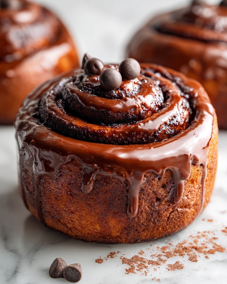 A close-up view of a single chocolate cinnamon roll with one visible swirl layer, covered generously in glossy, smooth milk chocolate glaze that drips slightly around the base. Three dark chocolate chips rest on top near the center swirl, with more scattered around on a white marbled surface dusted lightly with cocoa powder. The roll itself shows a rich, dark brown texture contrasting with the shiny glaze, creating a mouth-watering, gooey appearance. Photo taken with an iphone --ar 4:5 --v 7
