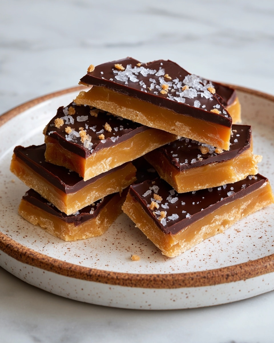 The image shows several pieces of candy brittle stacked on a round white plate with a brown speckled edge. Each piece has two distinct layers: the bottom layer is a light golden caramel color with a smooth, slightly shiny texture, and the top layer is a dark chocolate with a glossy, slightly wavy surface. Small bits of sea salt and crumbly fragments are sprinkled on top of the chocolate layer, adding texture and contrast. The plate is set on a white marbled surface, enhancing the rich colors of the candy brittle. photo taken with an iphone --ar 4:5 --v 7