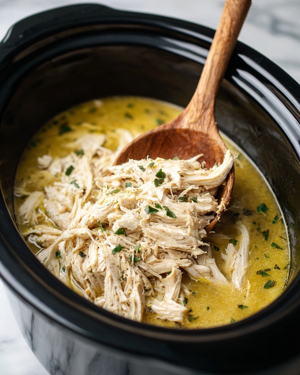 A close-up image shows a slow cooker filled with a dish of shredded cooked chicken soaked in light yellow broth with small green herb leaves scattered on top. The chicken is piled in the center, with visible thin strips and a moist texture. A wooden spoon is partially submerged, lifting some chicken from the right side. The slow cooker is black, and the background is a white marbled texture. Photo taken with an iphone --ar 4:5 --v 7