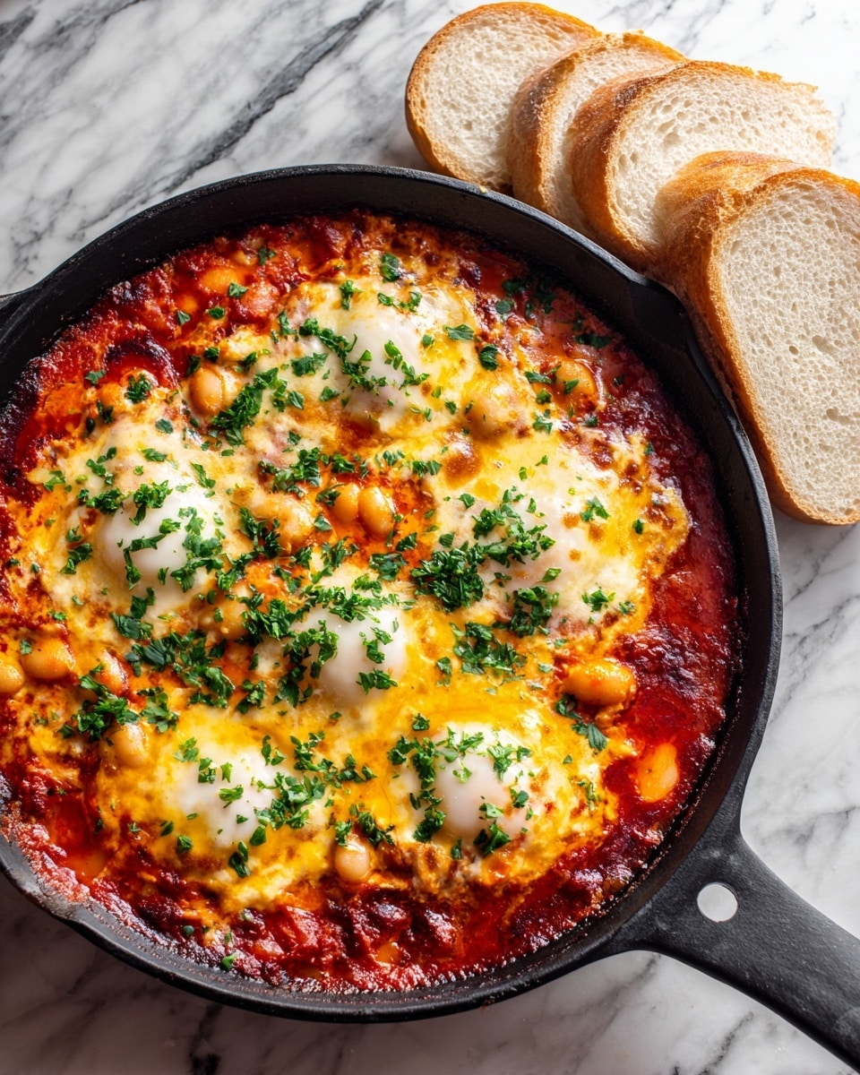 A round black pan contains a dish with three layers: the bottom layer is a rich red tomato sauce with visible chunks of tomatoes and orange vegetables, mixed with large white beans spread evenly. The middle layer is made of melted cheese that is golden and bubbly on top with some browned spots. Fresh chopped green herbs are scattered across the cheese layer, adding color contrast. On one side of the pan, there are three slices of white bread with a soft texture resting on a surface with a white marbled texture. photo taken with an iphone --ar 4:5 --v 7