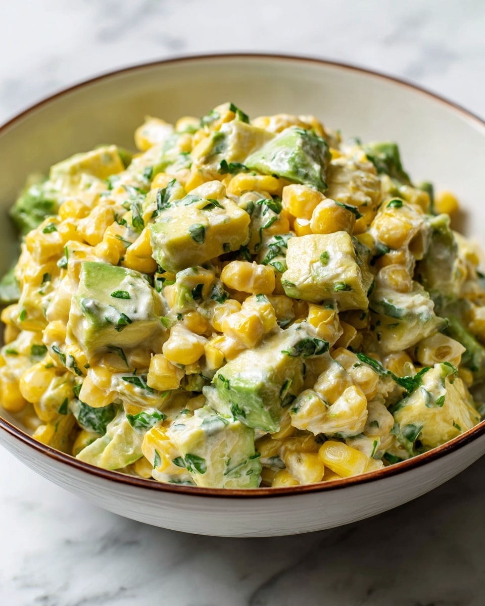 A close-up view of a white bowl filled with a creamy salad made of three main layers: bright yellow corn kernels, pale green avocado chunks, and chopped green herbs mixed evenly throughout. The creamy dressing coats the ingredients, giving a soft white texture that blends with the colors of the corn and avocado. The bowl has a thin brown rim, and the image is set against a white marbled surface. photo taken with an iphone --ar 4:5 --v 7
