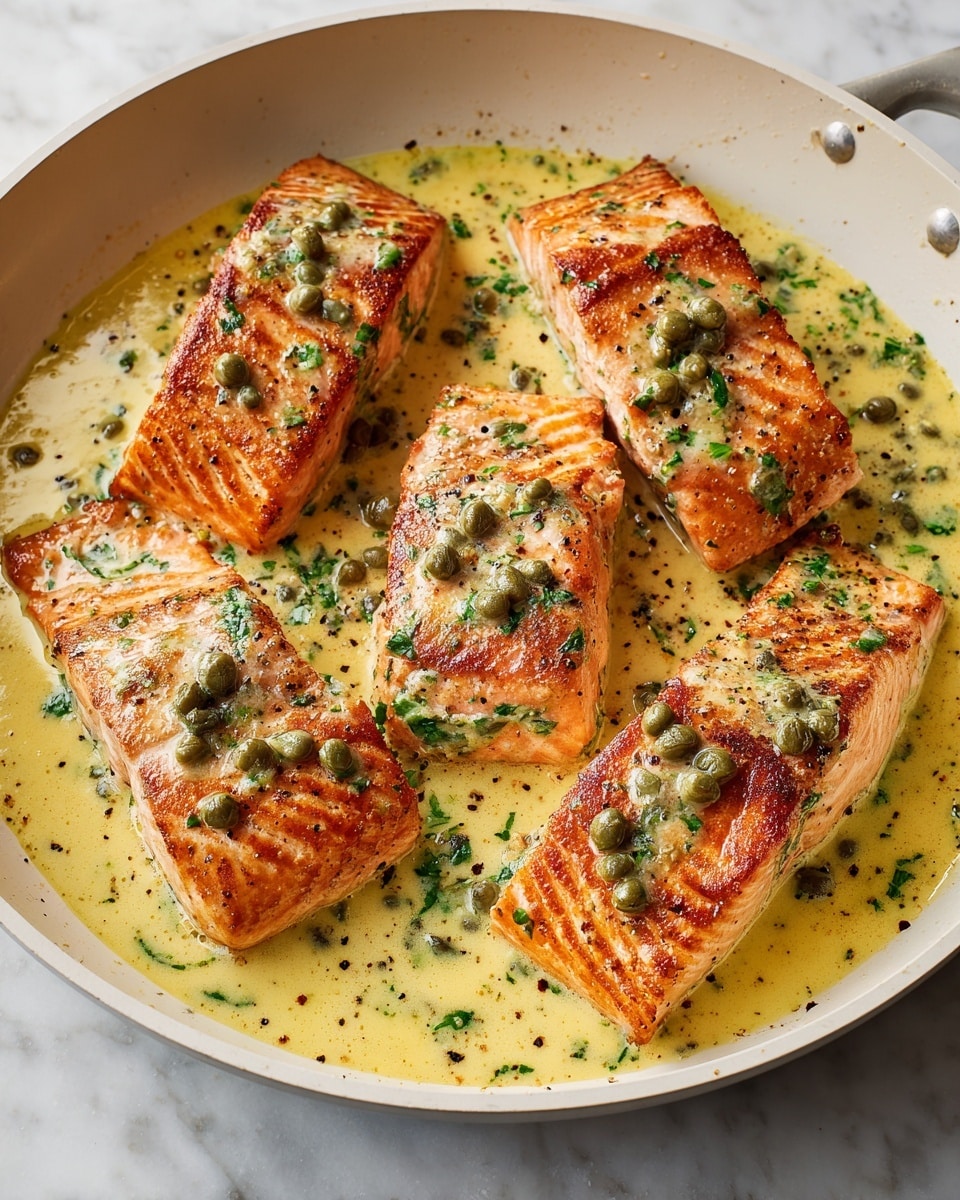 The image shows four pieces of golden-brown, seared salmon fillets placed in a white pan. Each fillet has a lightly crispy texture with visible brown grill marks on top. The fillets are covered partially with a creamy, pale yellow sauce that has green capers and small bits of herbs spread across it. The sauce creates a thick layer around and underneath the salmon, with specks of black pepper scattered throughout. The pan is set against a white marbled surface, enhancing the colors of the food. photo taken with an iphone --ar 4:5 --v 7