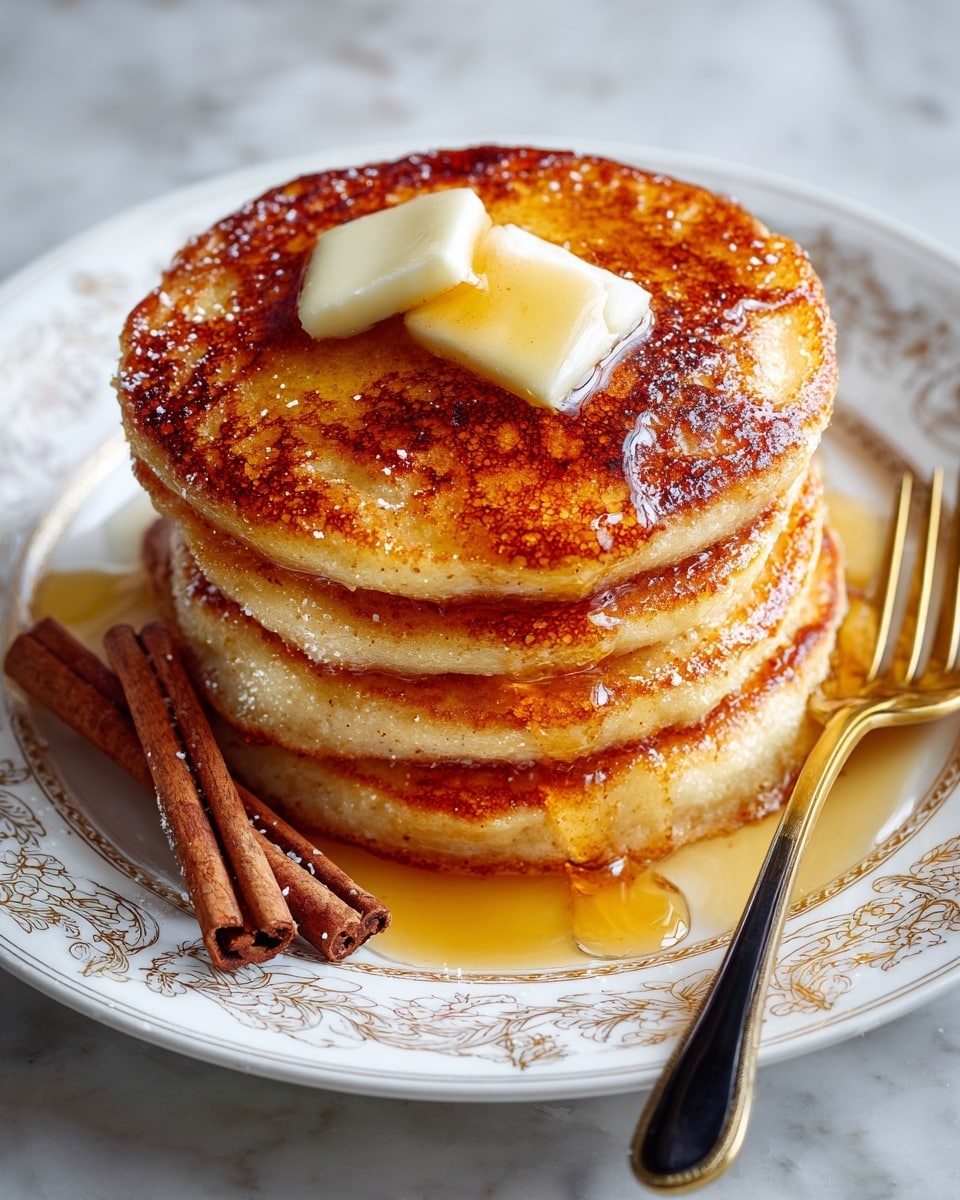 A stack of five thick, golden-brown pancakes with a slightly rough texture sits in the center of a white plate with delicate gold lines. On top, there are two square pats of pale yellow butter melting slightly, with golden syrup dripping down the sides of the pancakes and pooling around the base. To the left, two cinnamon sticks lie on the plate. A golden fork with a black handle rests on the right side of the plate, which is set on a white marbled surface. photo taken with an iphone --ar 4:5 --v 7