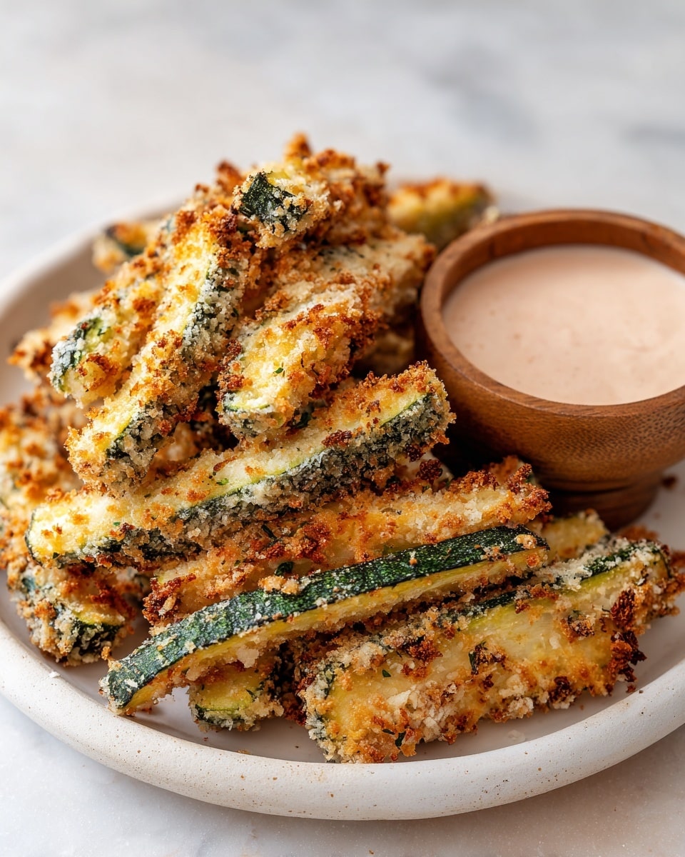 A pile of golden brown crispy zucchini fries with a rough, crunchy breadcrumb and cheese coating is placed on a white plate, the fries showing some green skin under the crust, stacked loosely in the center. On the left side of the plate, there is a small round wooden bowl filled with pale pink dipping sauce, smooth and creamy. The plate sits on a white marbled textured surface with soft natural light highlighting the crunchiness of the fries. Photo taken with an iphone --ar 4:5 --v 7