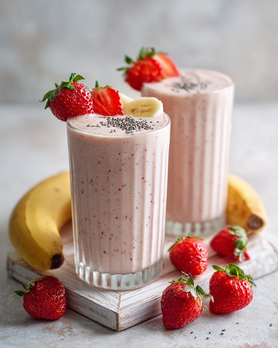 Two glasses filled with a pale pink smoothie show a creamy texture with small fruit bits. Each glass has a sliced strawberry and banana piece on top, sprinkled with tiny black chia seeds. One glass is placed on a small white wooden tray, and the other is behind it on a white marbled surface. Bright red whole strawberries with green tops are scattered around, alongside a peeled banana with part of its yellow skin curled next to the nearest glass. The glasses have vertical ridges and clear bases, catching light softly. Photo taken with an iphone --ar 4:5 --v 7