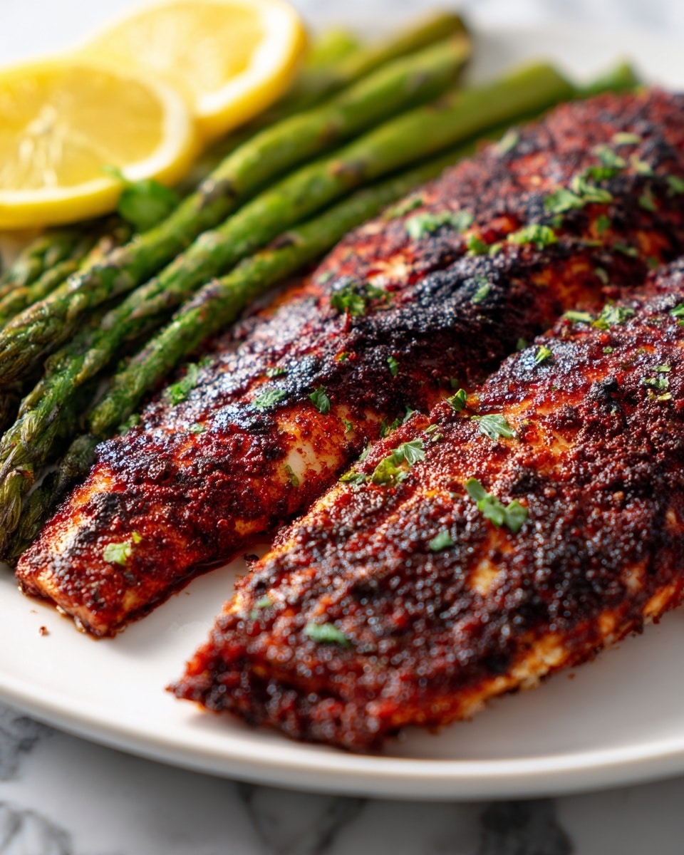 Close-up of two grilled fish fillets with a dark red spice crust, showing a textured surface with small herbs and charred spots, lying side by side on a white plate. On the left side of the plate, there are three grilled green asparagus stalks with sear marks. Behind the fish, there are two thin yellow lemon slices visible at the top left corner. The plate rests on a white marbled textured surface. Photo taken with an iphone --ar 4:5 --v 7
