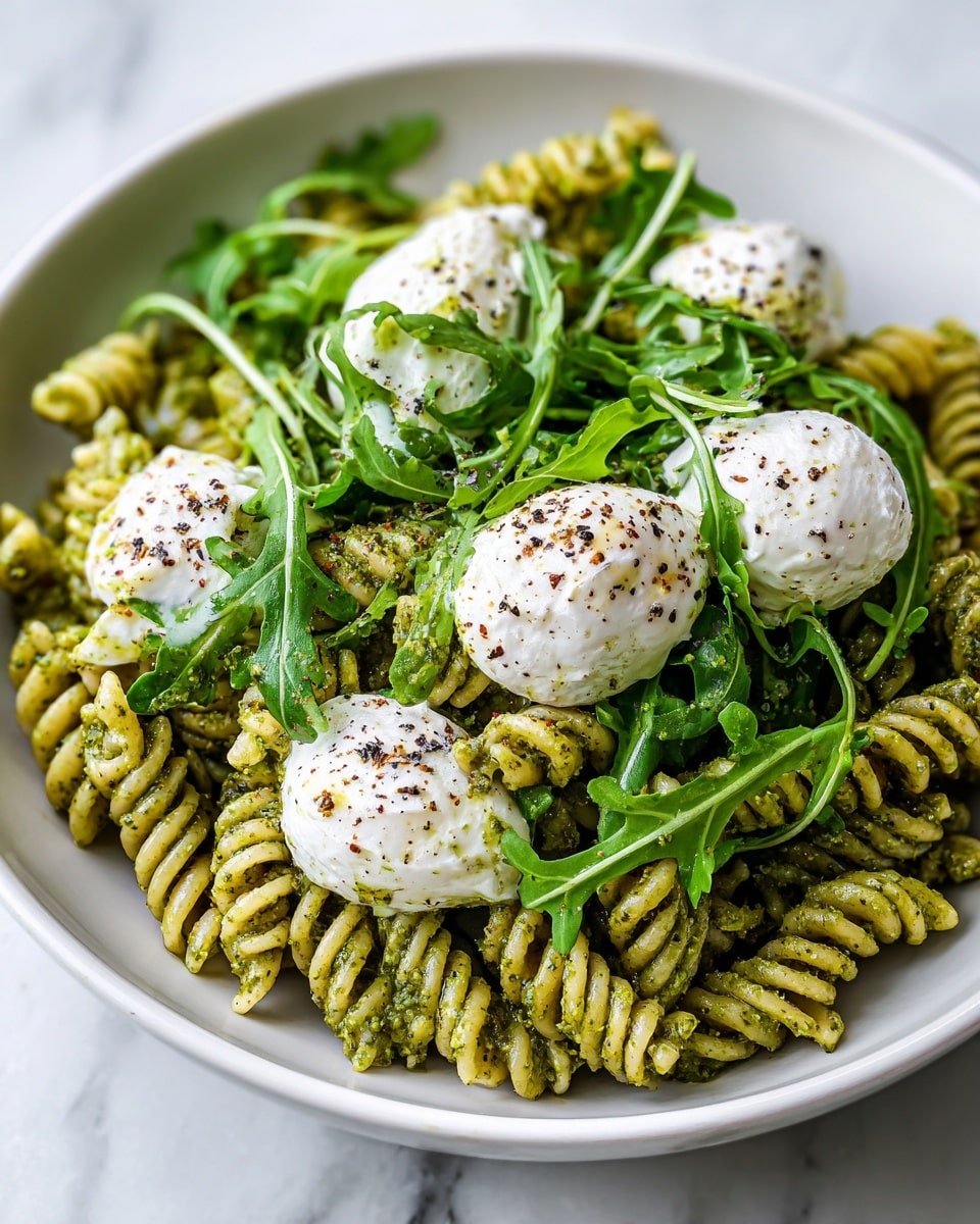 A white bowl filled with spiraled pasta coated in green pesto sauce creating a textured and slightly oily layer; on top, there are five dollops of soft white cheese spread evenly, each sprinkled with cracked black pepper; scattered bright green arugula leaves add contrast, appearing fresh and slightly glossy; the bowl sits on a white marbled surface, enhancing the dish's colors; photo taken with an iphone --ar 4:5 --v 7