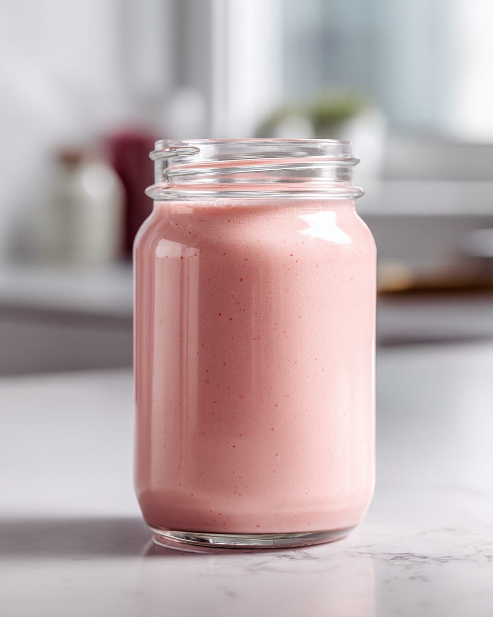 A clear glass jar filled with a smooth, light pink creamy shake, nearly to the top, sits on a white marbled surface. The shake has a uniform texture with tiny speckles throughout, and the jar catches soft natural light, creating a slight reflection. The background is softly blurred, showing a clean, bright kitchen setting with white walls and cabinetry. photo taken with an iphone --ar 4:5 --v 7