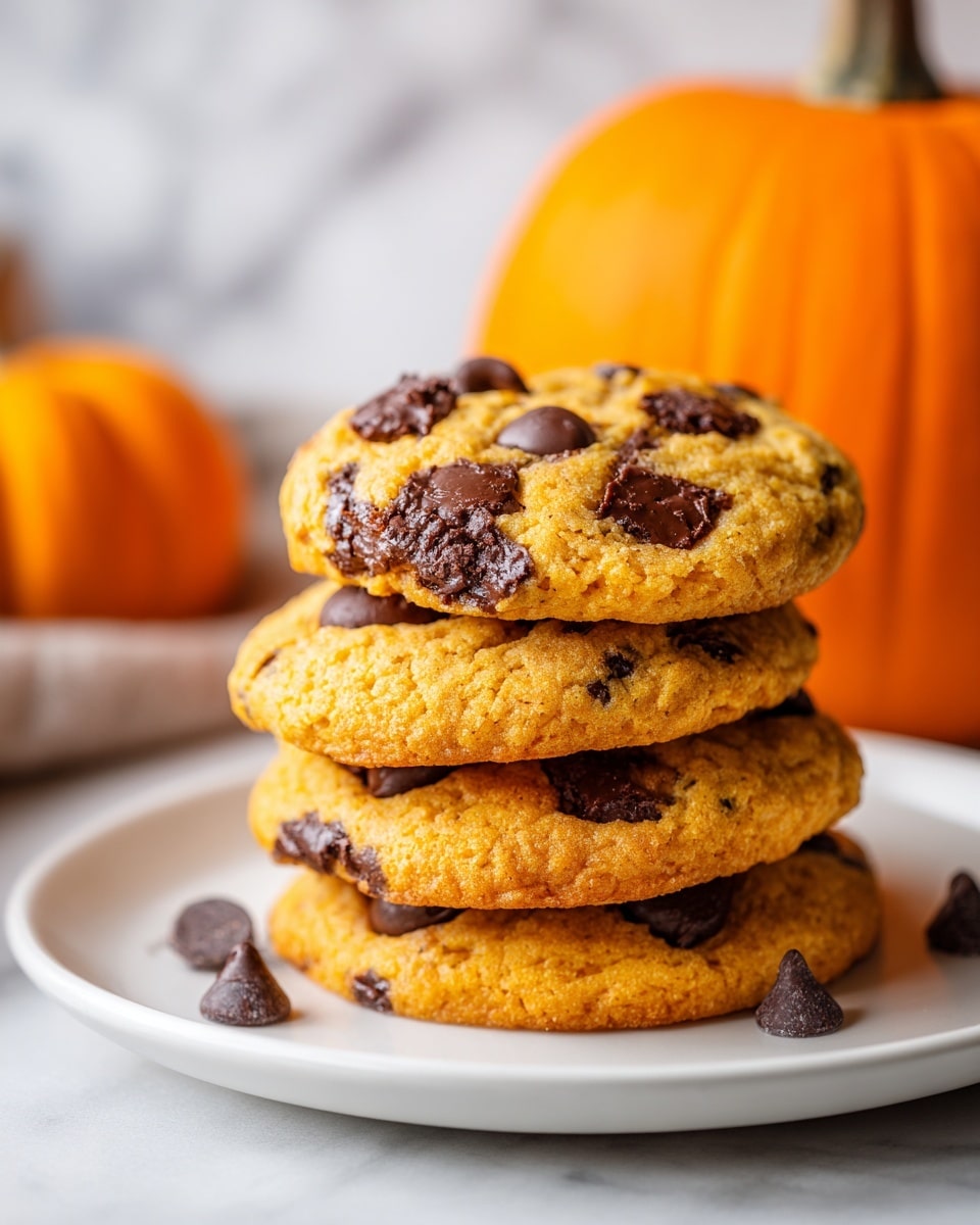 A white bowl is filled with a pile of thick, soft pumpkin chocolate chip cookies, stacked in a small mound. Each cookie has a warm, orange-brown color textured with small dark chocolate chunks scattered throughout. The cookies look moist and slightly fluffy with a crackled surface. In the blurred background, there is a bright orange pumpkin sitting on a white marbled surface. The overall focus is on the front cookie, showing its round shape and rich texture clearly. photo taken with an iphone --ar 4:5 --v 7