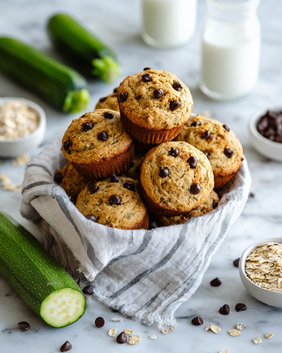 A white bowl lined with a beige and white striped cloth holds a pile of golden brown muffins dotted with shiny dark chocolate chips throughout their textured tops. Around the bowl, there are two glasses filled with white milk at the top left, a white bowl filled with light tan rolled oats at the top right, and another white bowl full of dark chocolate chips on the right. Several green zucchinis, some whole and some sliced into rounds, lie at the bottom of the frame on a white marbled surface scattered with a few oat flakes and whole cinnamon sticks. Photo taken with an iphone --ar 4:5 --v 7